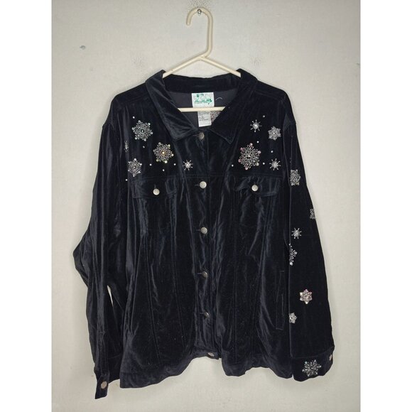 Vtg Quacker Factory Black Velvet Embroidered Snowman Snowflake Shirt Jacket 3X - Picture 2 of 8